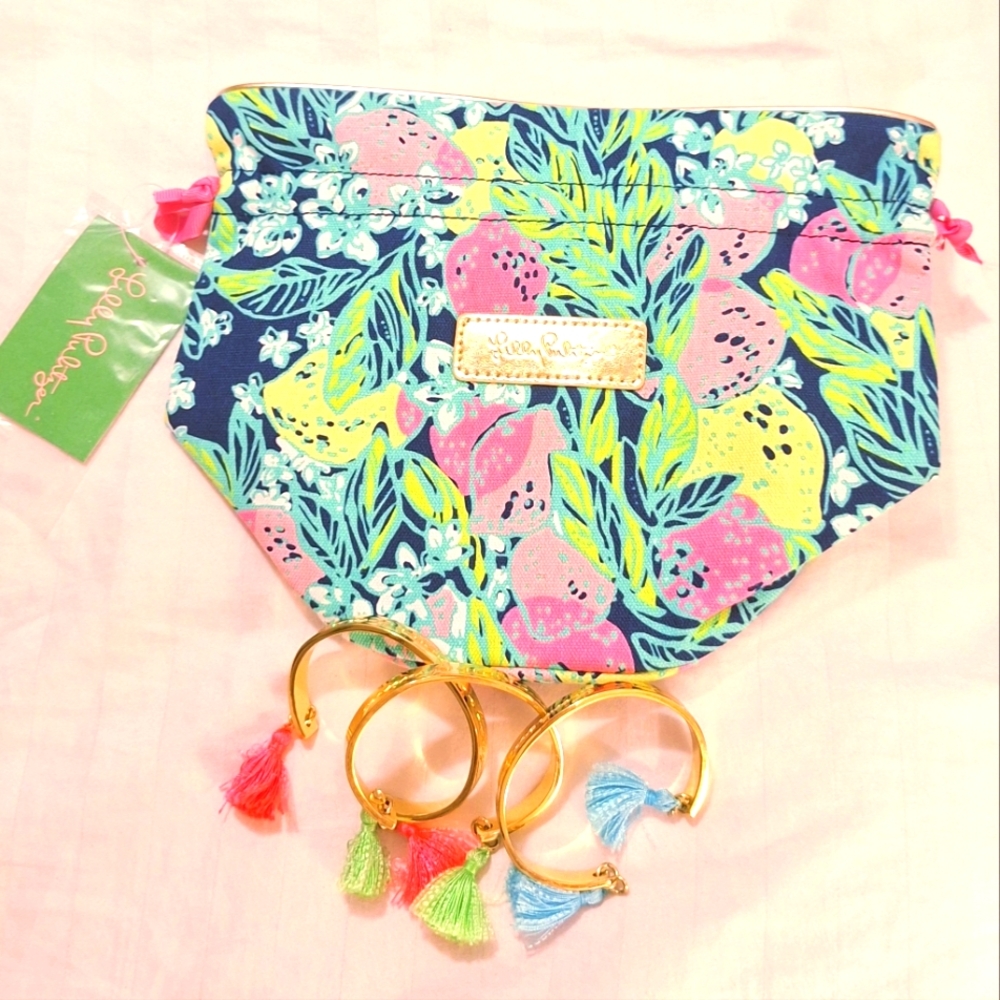 Lilly Pulitzer Gold Cuff Bracelets With Tassels And Makeup‎ Bag MB